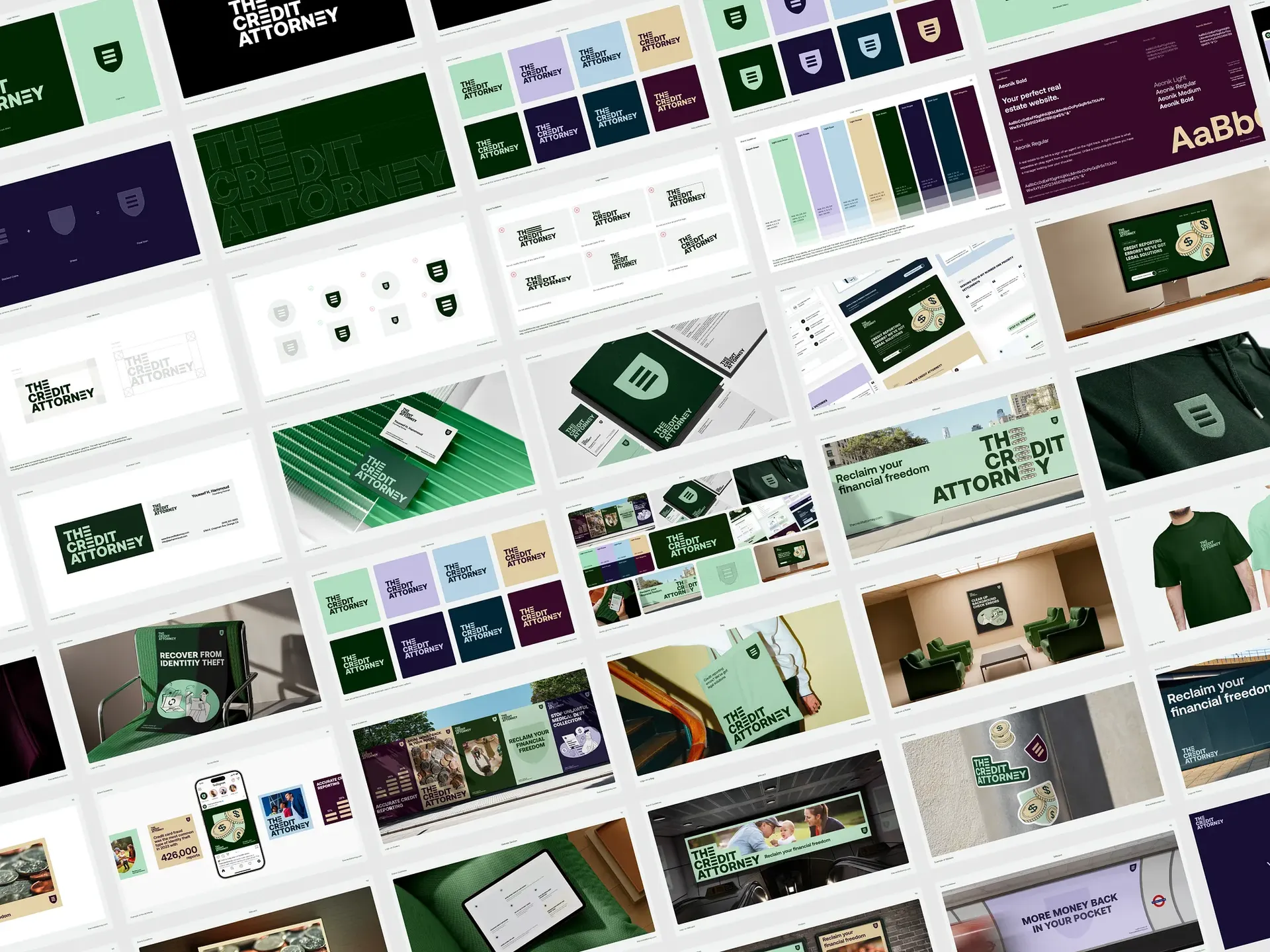 The Credit Attorney complete brand identity system showing logo, typography, color palette, stationery, merch, and website by WeGrow.