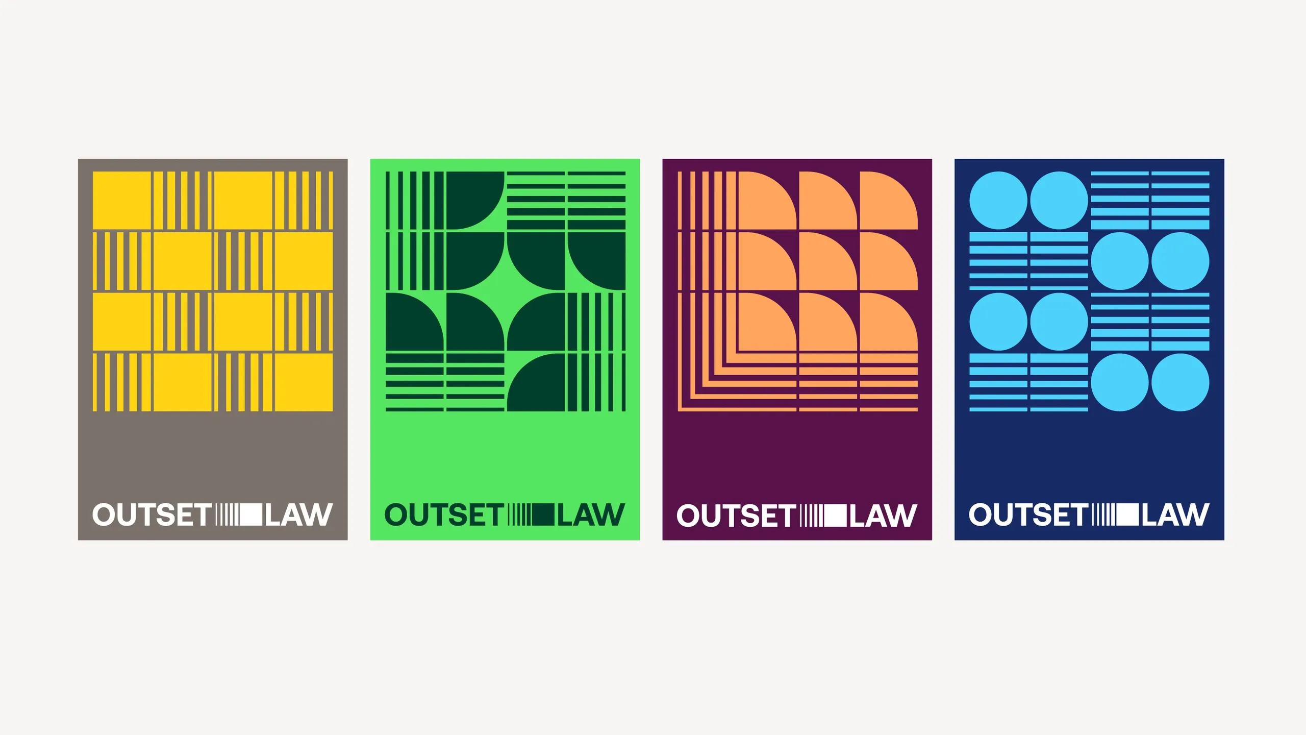 Outset Law brand identity poster series in four color variations. Vancouver family law firm rebrand by WeGrow.