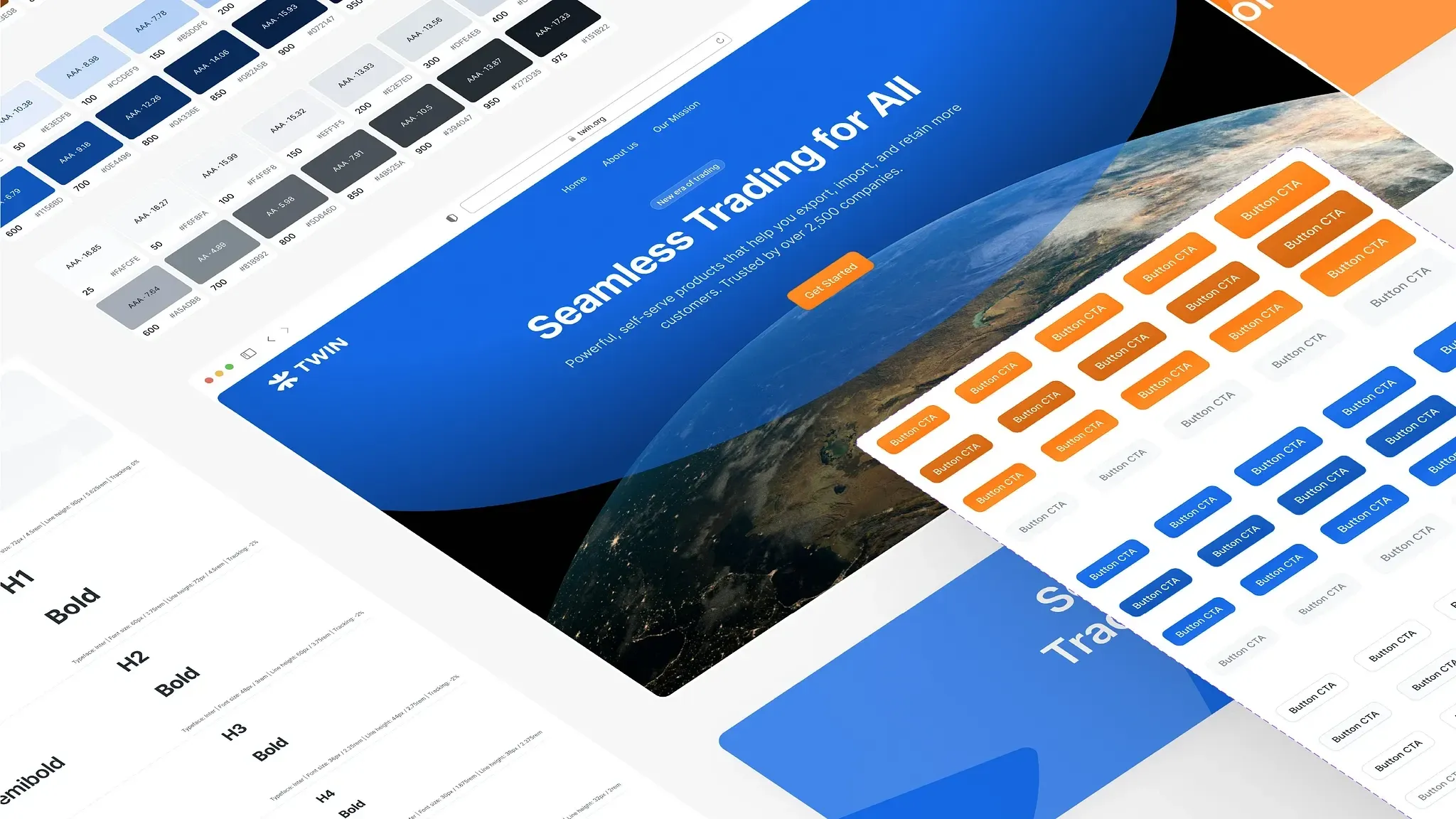 TWIN design system showing typography, color palette, UI components and website layout. Brand identity by WeGrow.