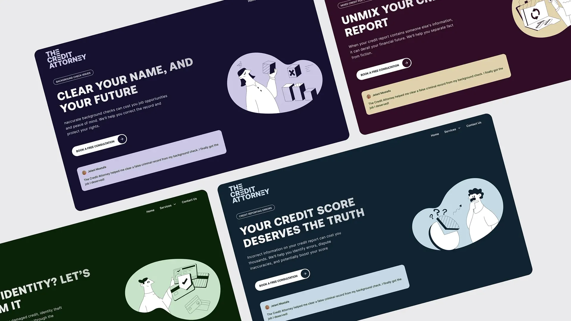 The Credit Attorney website design showing multiple service pages with custom illustrations by WeGrow. Legal brand identity.